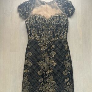 Marchesa Black and Gold Floral Mini Dress